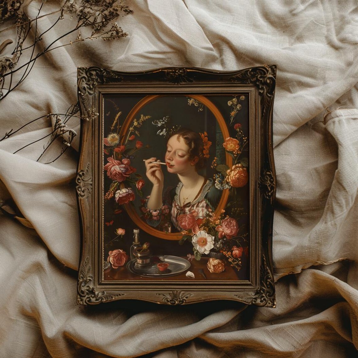 Baroque Woman Applying Lipstick Surrounded by Roses and Blooms Poster - Image 3