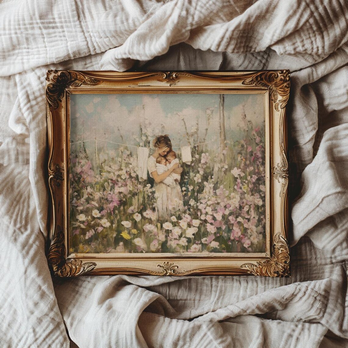 Twin Motherhood Flower Garden Painting Soft Mother And Baby Poster - Image 4