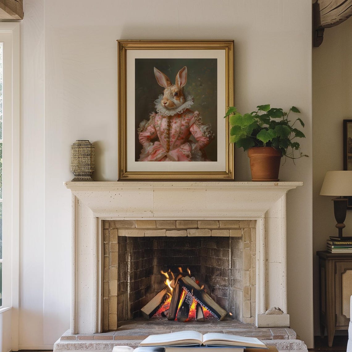 Funny Renaissance Rabbit Portrait In Pink Gown With Lace Ruff Poster - Image 2