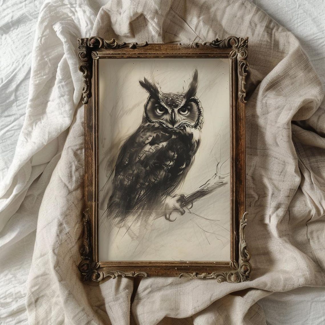 Great Horned Owl Monochrome Charcoal Sketch Wildlife Nature Poster - Image 4