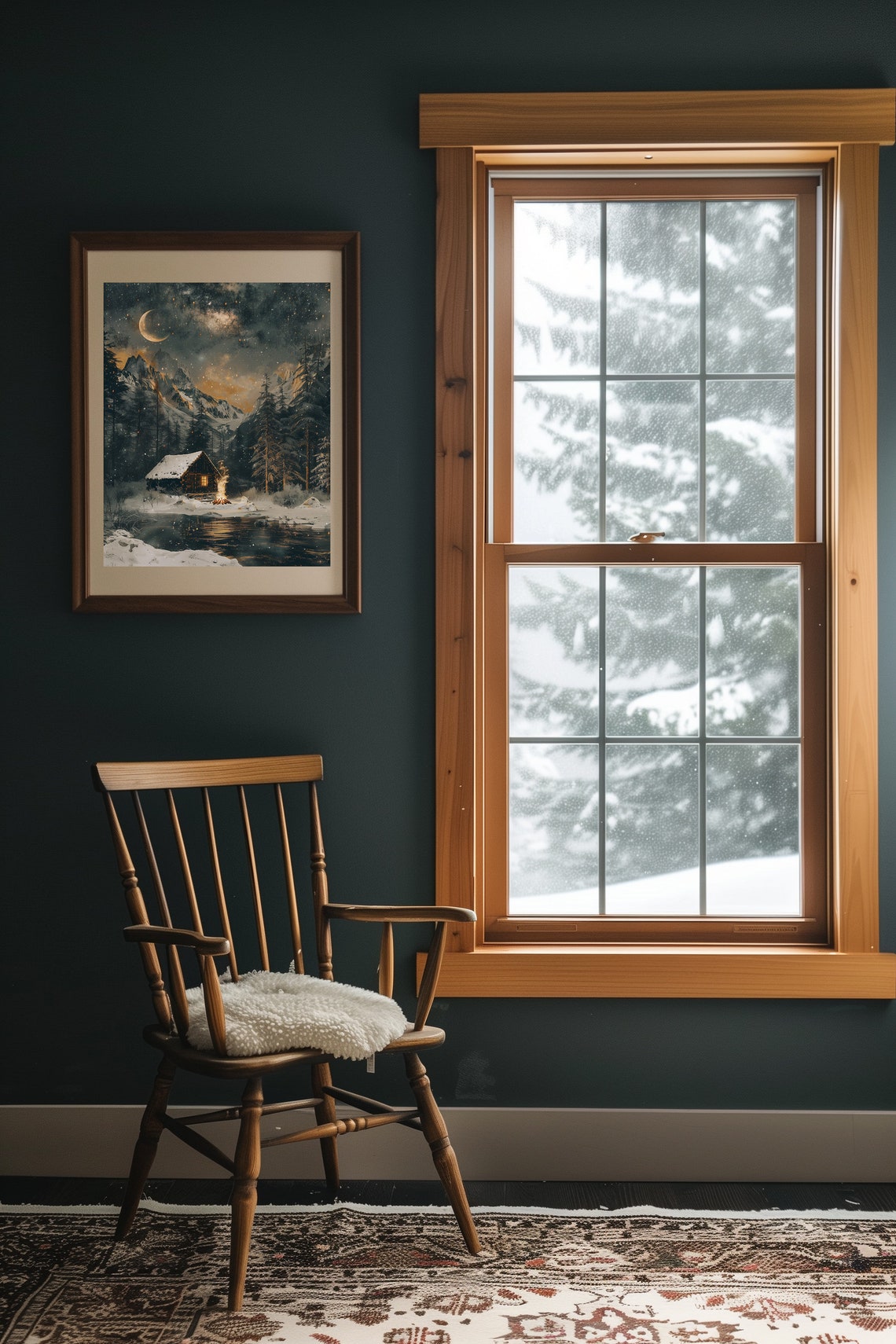 Snowy Cabin Under Starry Night Sky Winter Moonlight Scene Poster - Image 2
