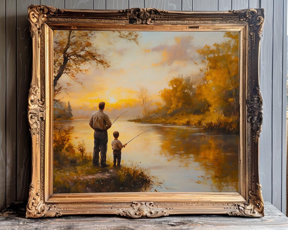 Father and Son Fishing Together At Sunset By a Golden Lake Poster