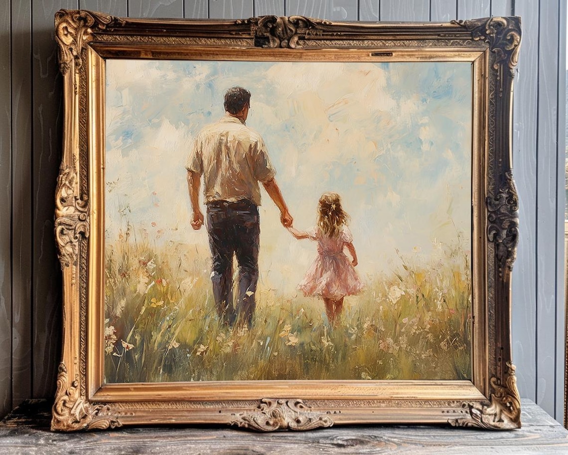 Father And Daughter Walking Hand In Hand In A Wildflower Field Poster - Image 3