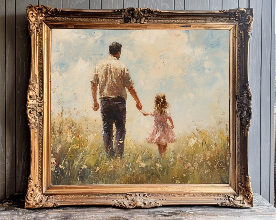 Father Holding His Daughter's Hand in a Wildflower Field Poster