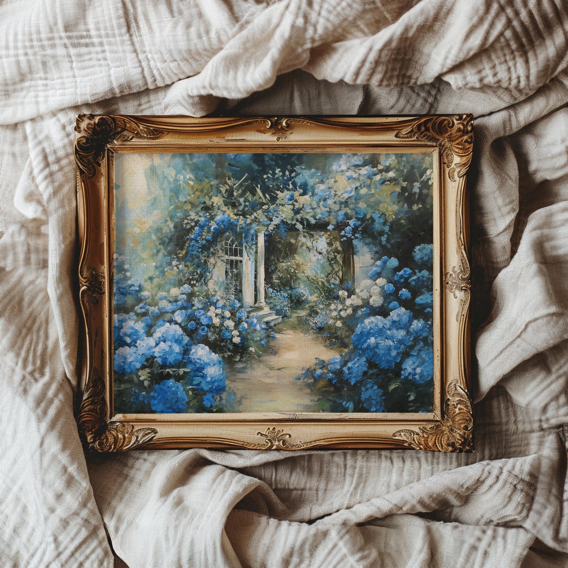 Blue Hydrangea Garden Path With Arched Doorway Impressionist Poster - Image 3