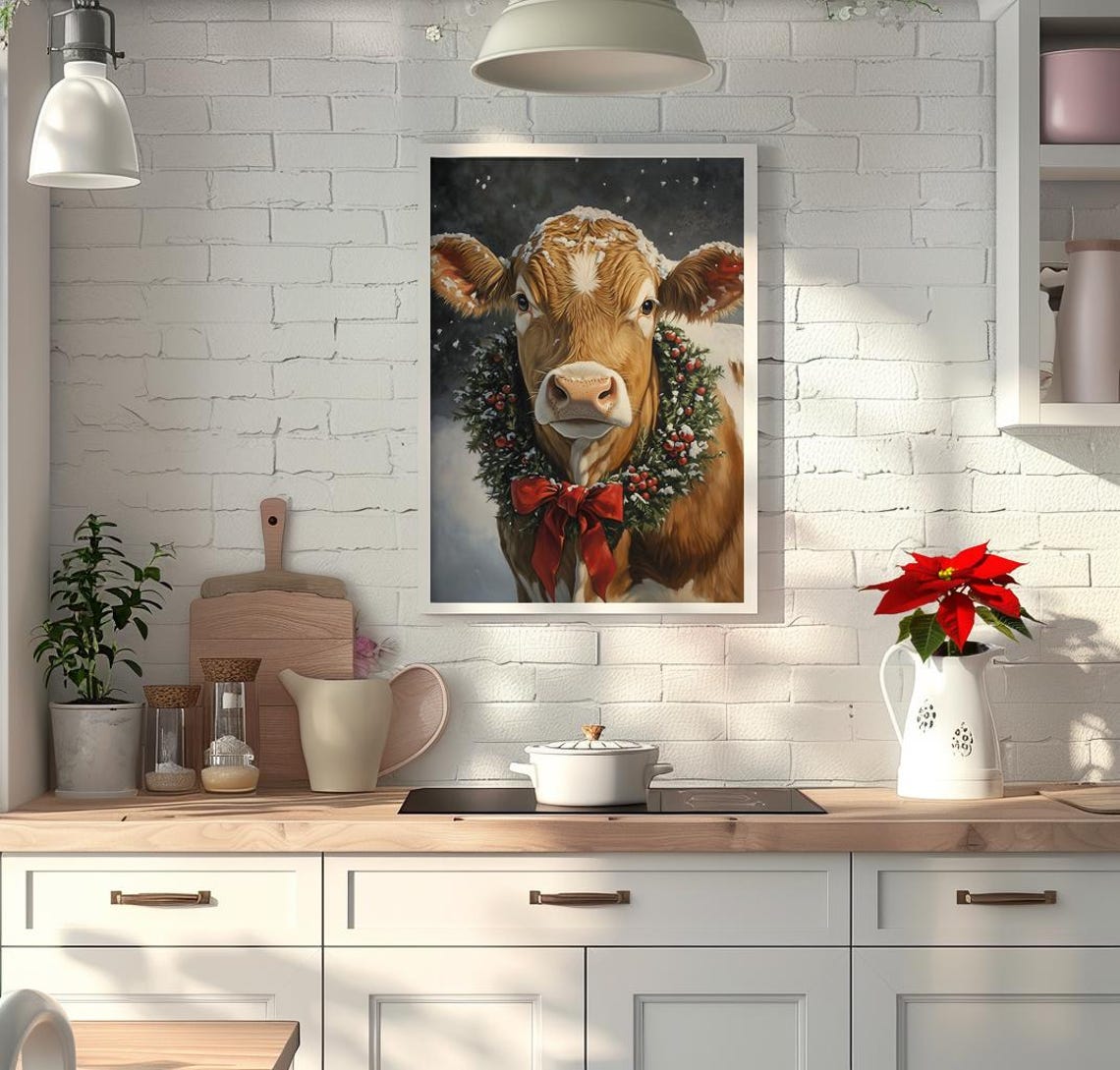 Cow Christmas Wall Art Farmhouse Christmas Wall Decor For Farmhouse Vintage Christmas Painting Christmas Funny Cow Print Cow Farm - Image 2