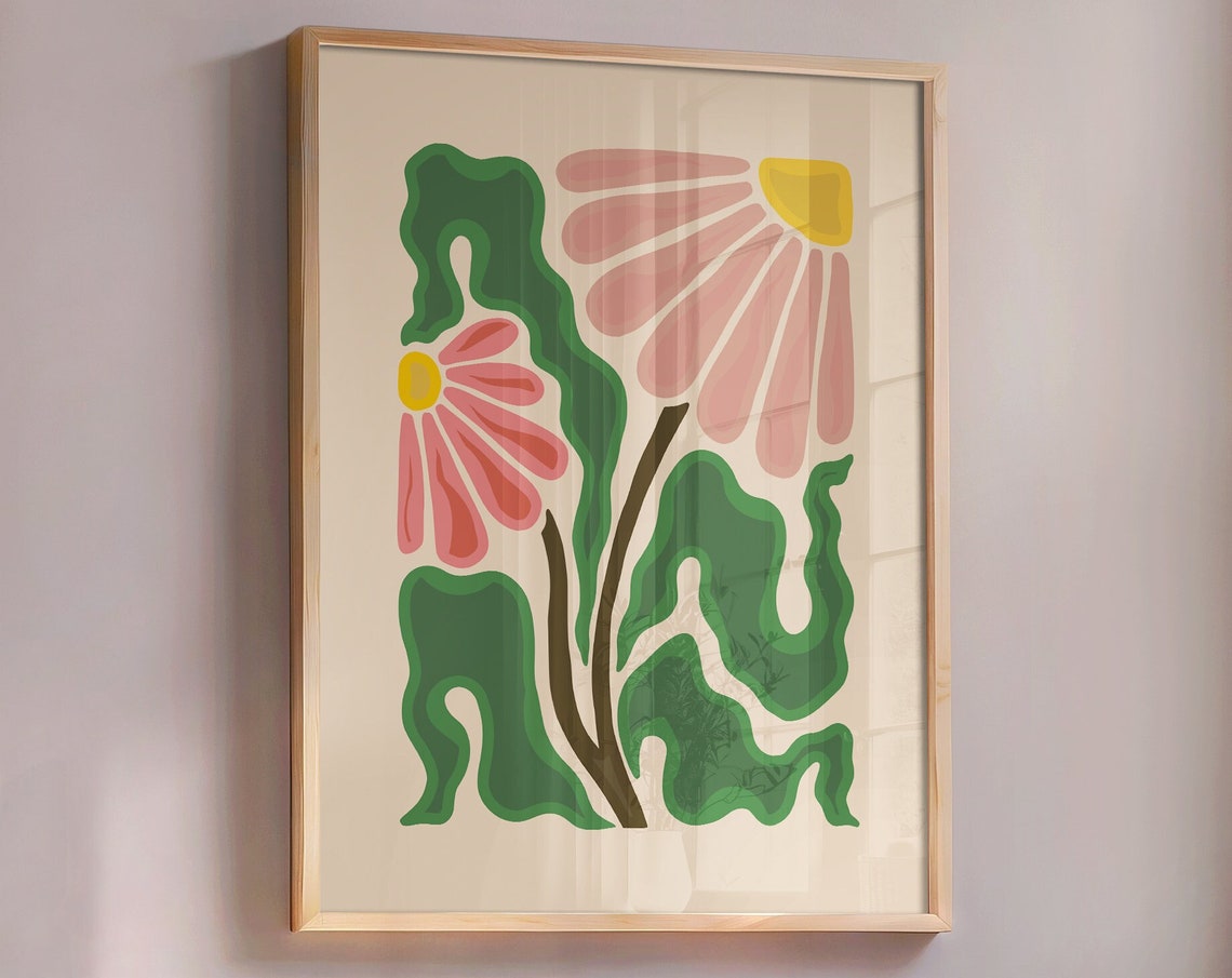 Matisse Inspired Pink Daisy Abstract Botanical Mid Century Poster - Image 2