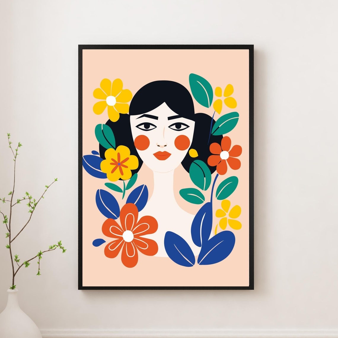 Stylized Woman Portrait Surrounded By Colorful Flowers Art Print