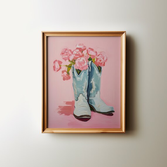 Pink Cowboy Boots with Pink Roses Vintage Oil Painting Poster