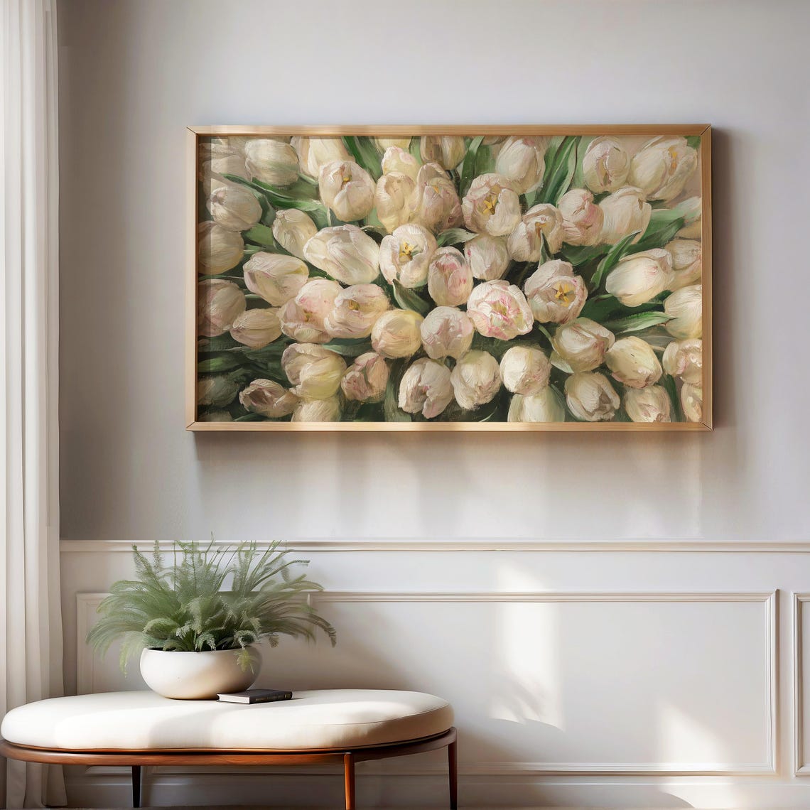 White Tulips Dense Bloom Spring Floral Oil Painting Botanical Wall Art - Image 2