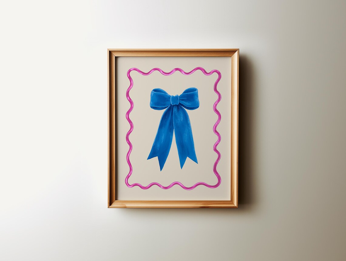 Blue Bow Art Coquette Wall Art Coastal Pink Aesthetic Teen Girls Blue Preppy Girly Poster Dorm Decor College Apartment