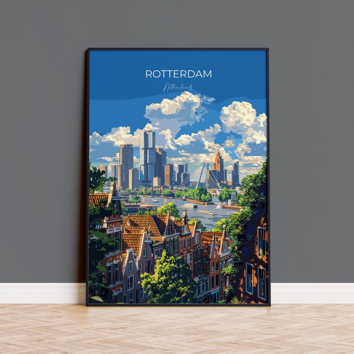 Rotterdam Netherlands Skyline Harbor View Vintage Travel Poster