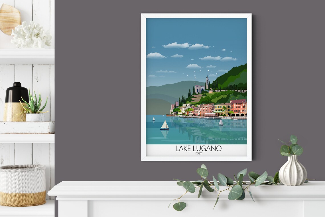 Lake Lugano Italy Lakeside Town Sailboats Serene View Art Poster - Image 4