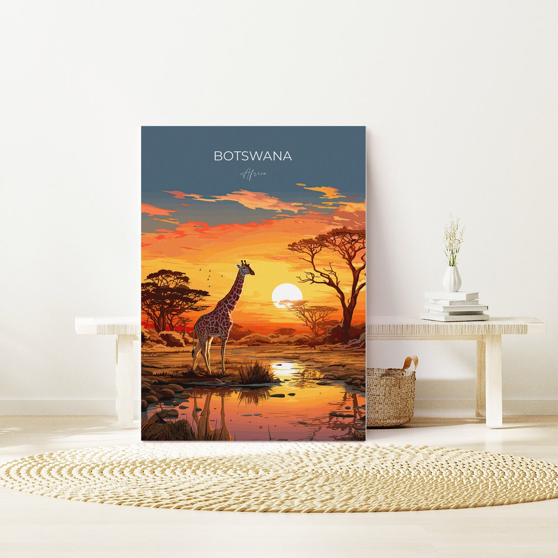 Botswana Africa Giraffe Waterhole Sunset Glow Vintage Travel Poster - Image 3