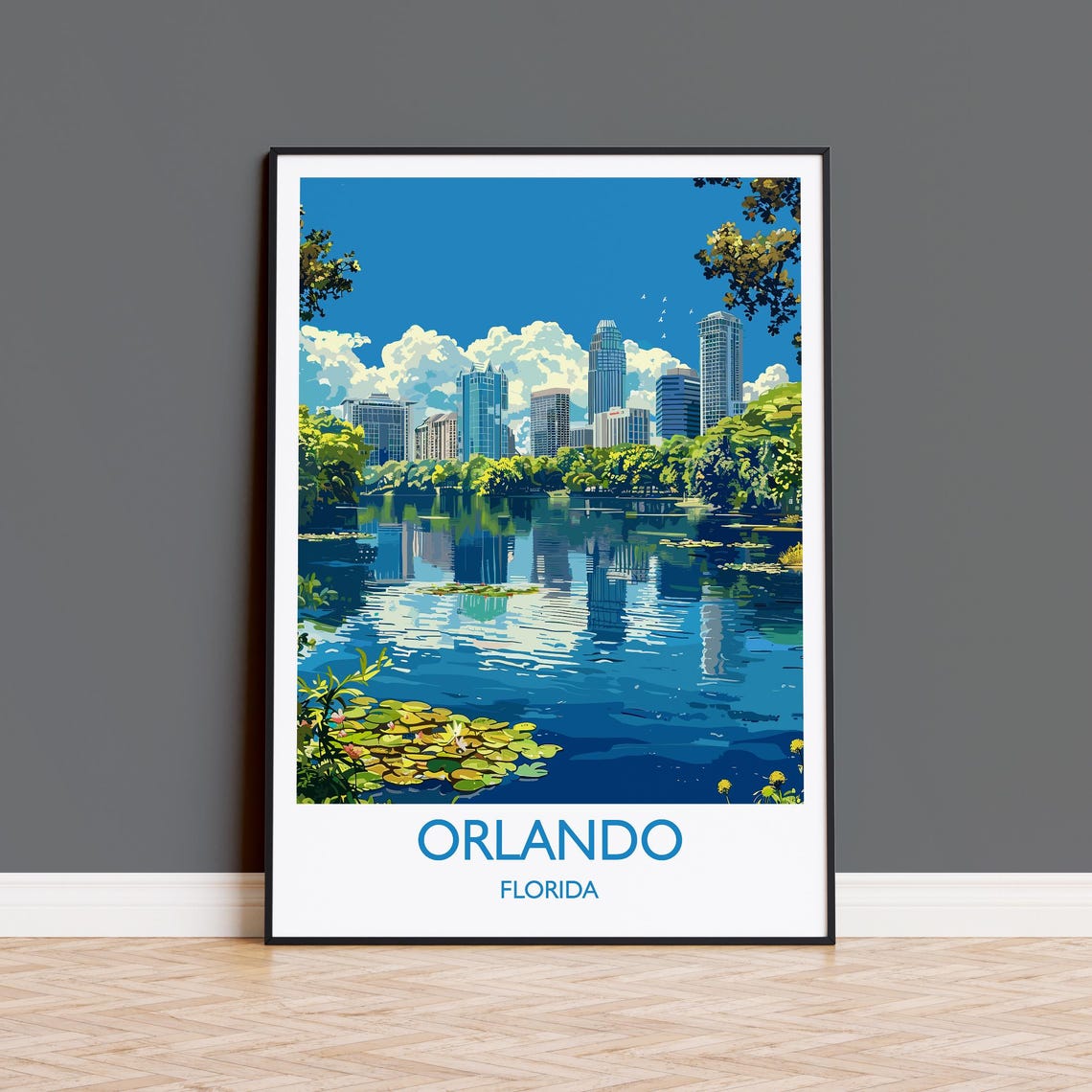 Orlando Florida Skyline Lake Reflection Palms Tropical Travel Poster