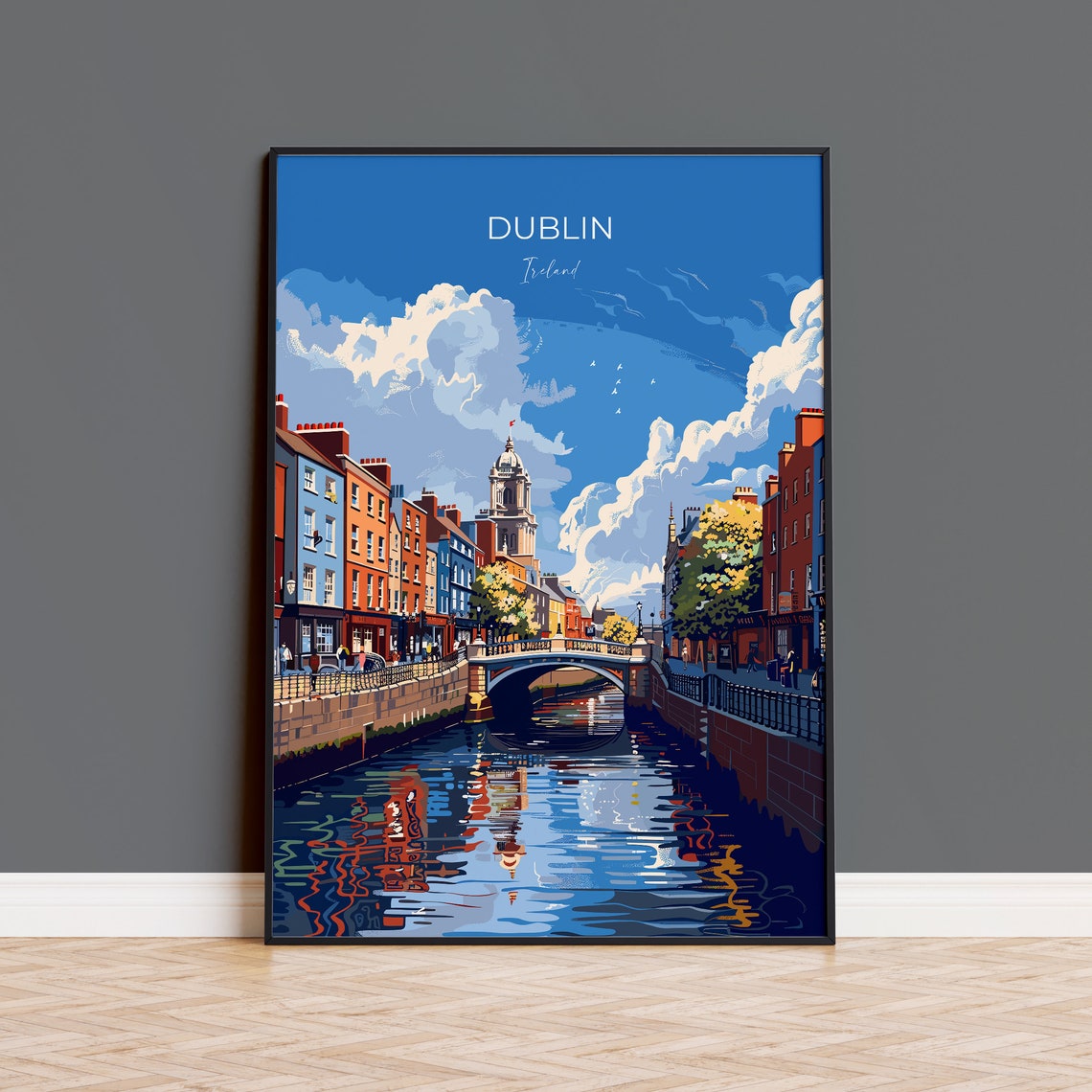 Dublin Ireland Liffey Bridge Riverside Buildings Scene Travel Poster