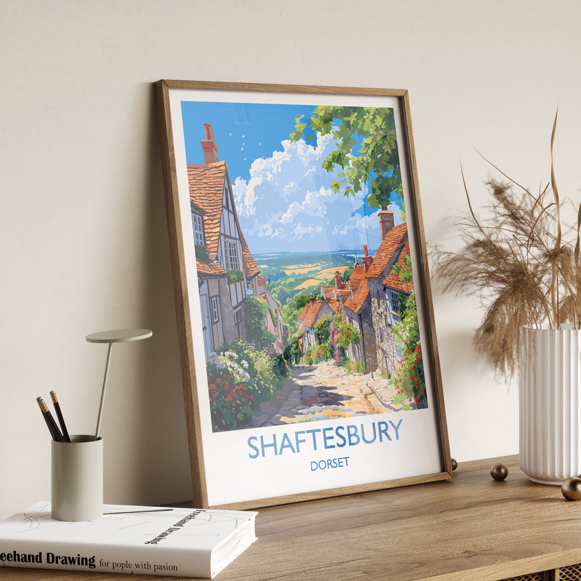 Shaftesbury Dorset Gold Hill Cobbles Stone Cottages Valley View Poster - Image 2