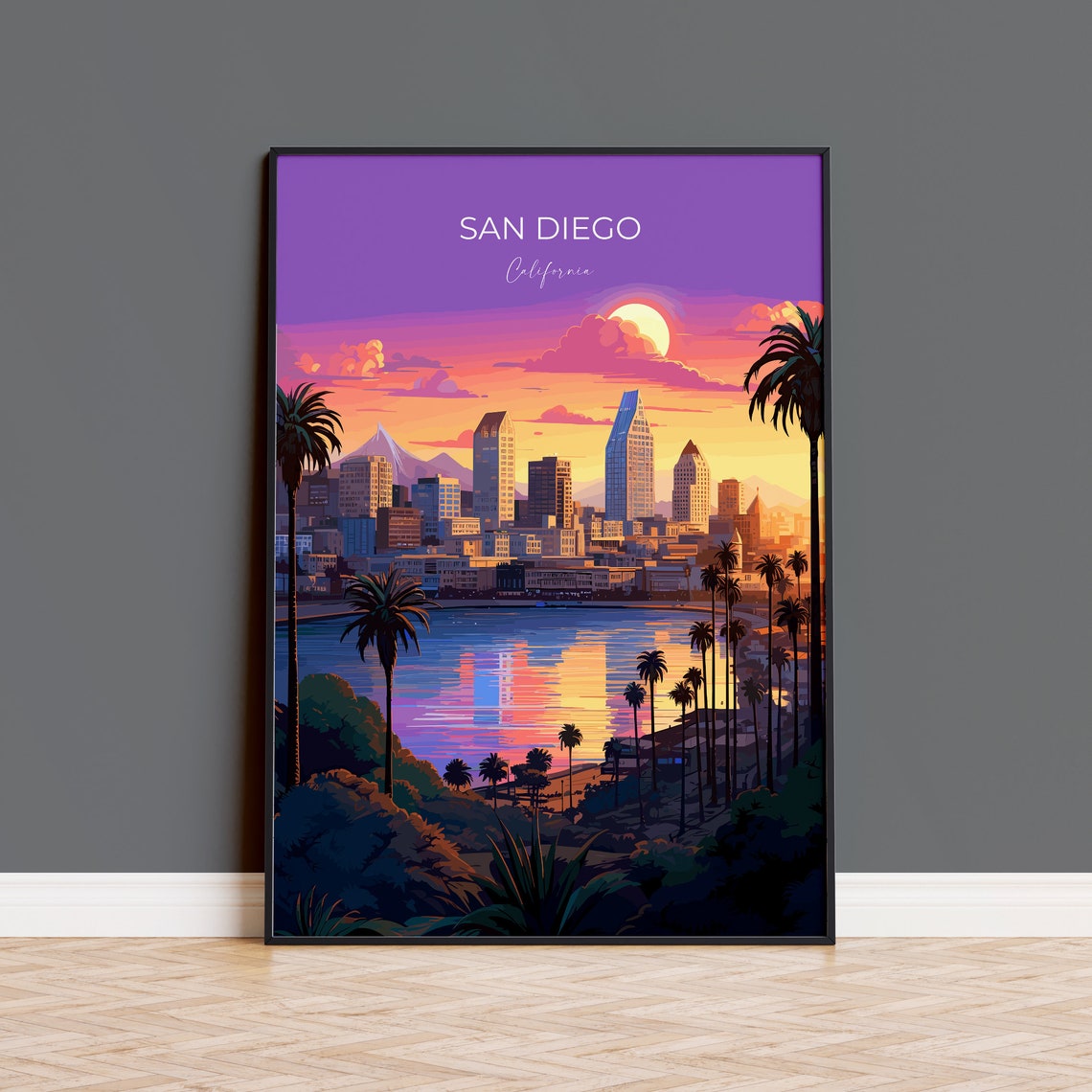 San Diego Bay Skyline Golden Sunset California City Palm Poster