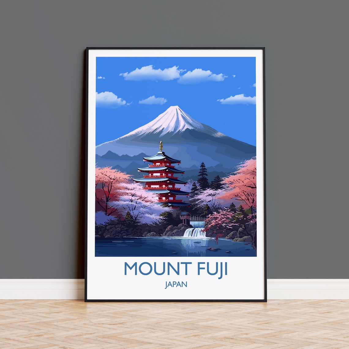 Mount Fuji Japan Red Pagoda Cherry Blossom Spring Travel Poster
