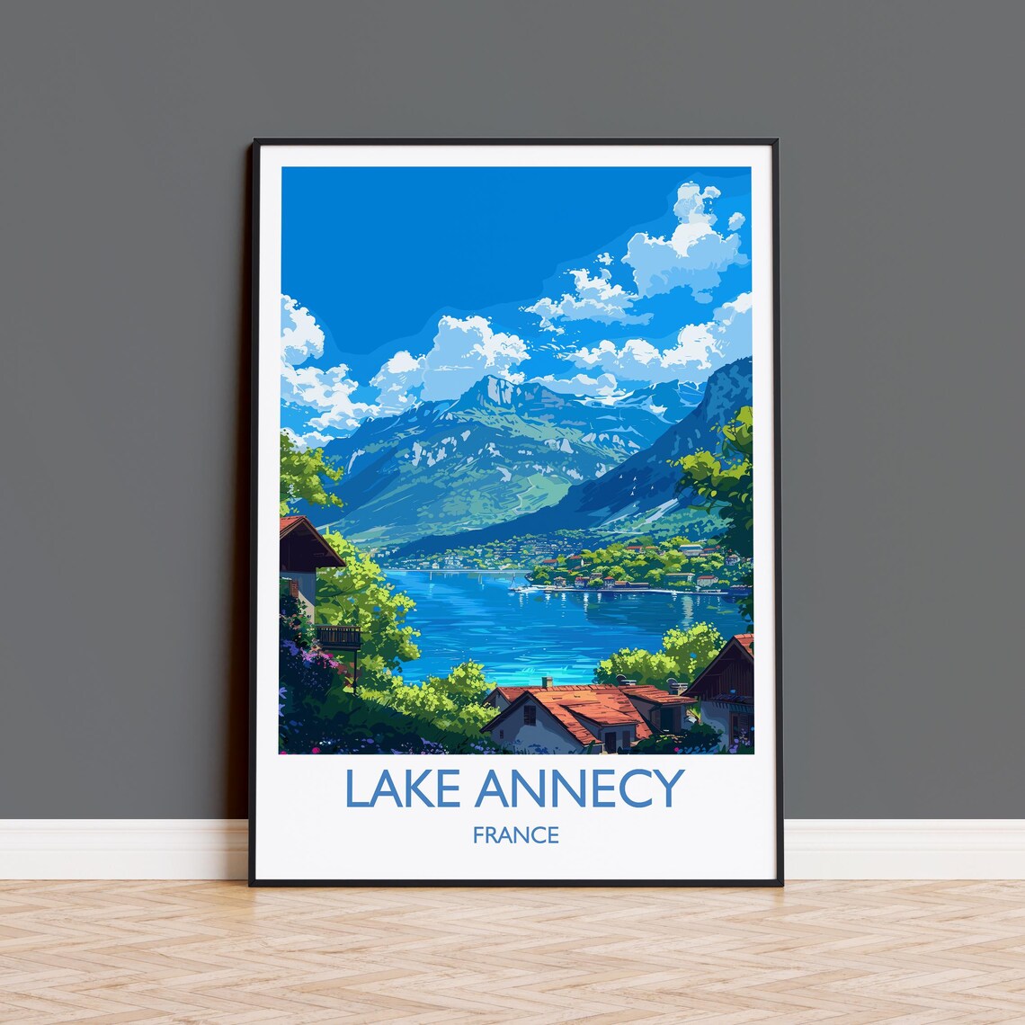 Lake Annecy France Lakeside Chalets White Border Travel Poster