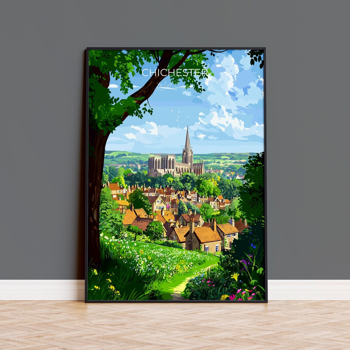 Chichester Cathedral Panorama Over The Town Full Bleed Poster