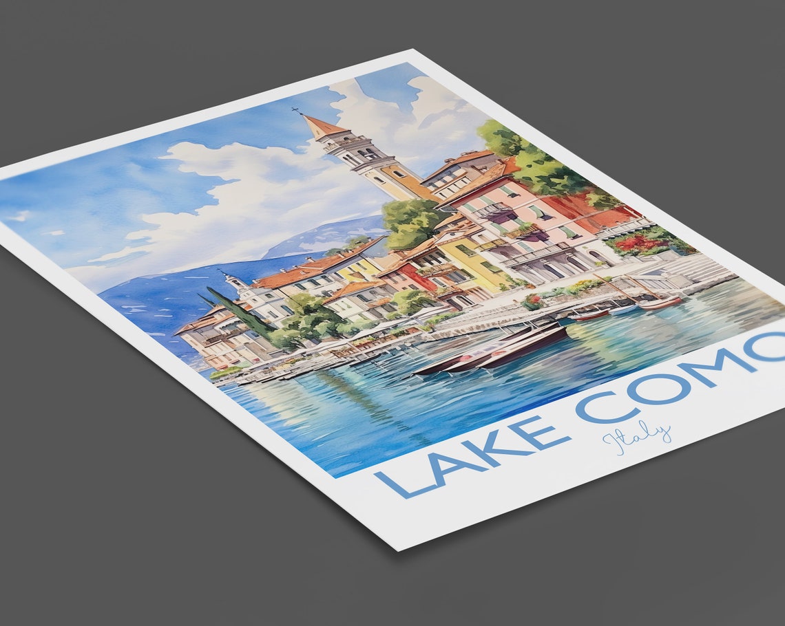 Lake Como Italy Bell Tower Waterfront Boats Watercolor Poster - Image 2
