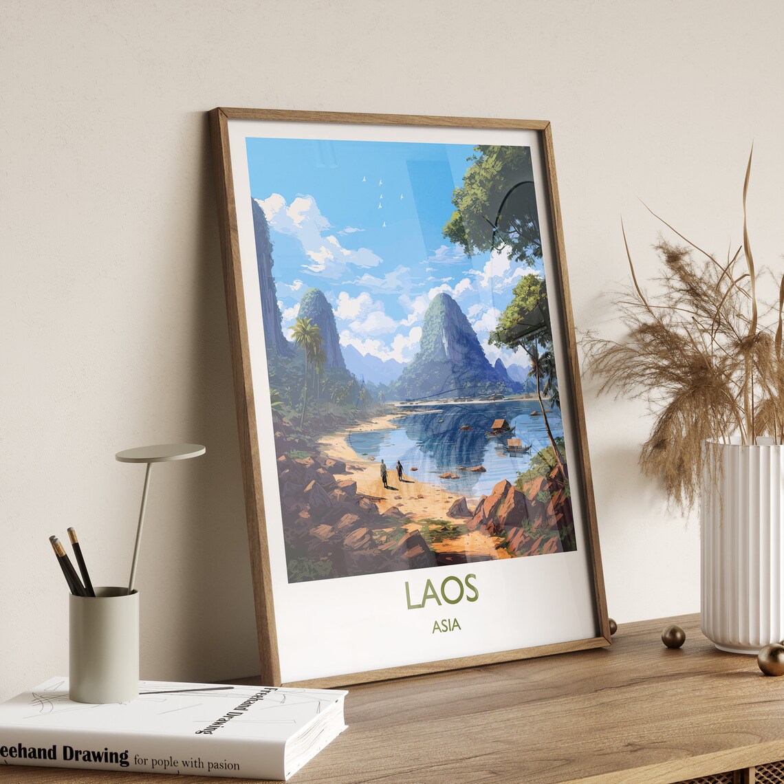 Laos Asia Tropical Beach Karst Hills Boats Scenic Travel Poster - Image 3