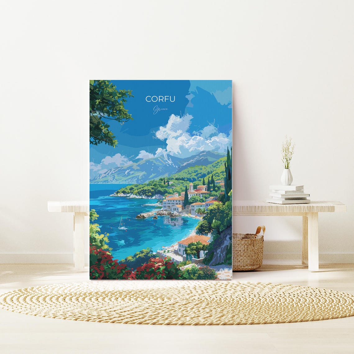 Corfu Greece Coastal Village Bay Top Lettering Travel Poster - Image 2