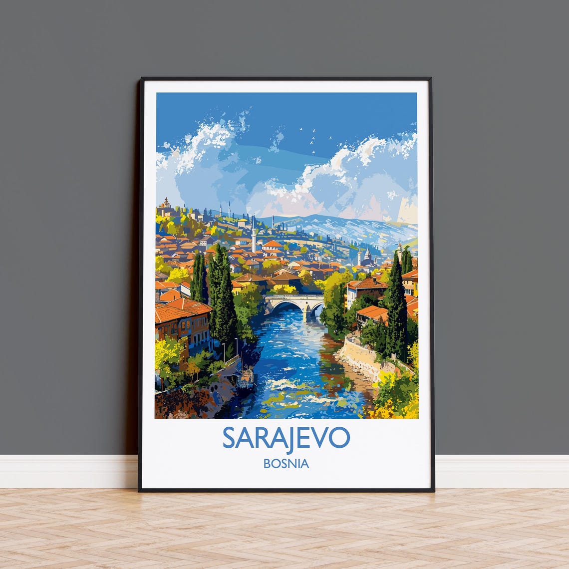 Sarajevo Bosnia Daytime River Old Town Sunny Retro Travel Poster