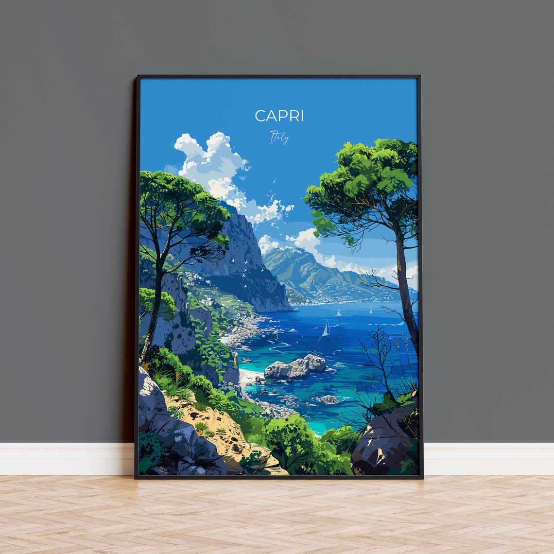 Capri Italy Pine Trees Rocky Coast Sailboats Coastal Art Poster