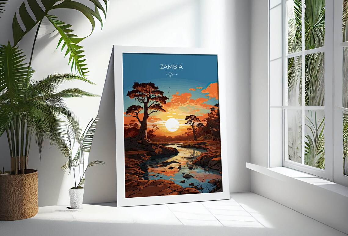 Zambia Africa Sunset River Acacia Tree Vintage Travel Poster - Image 3