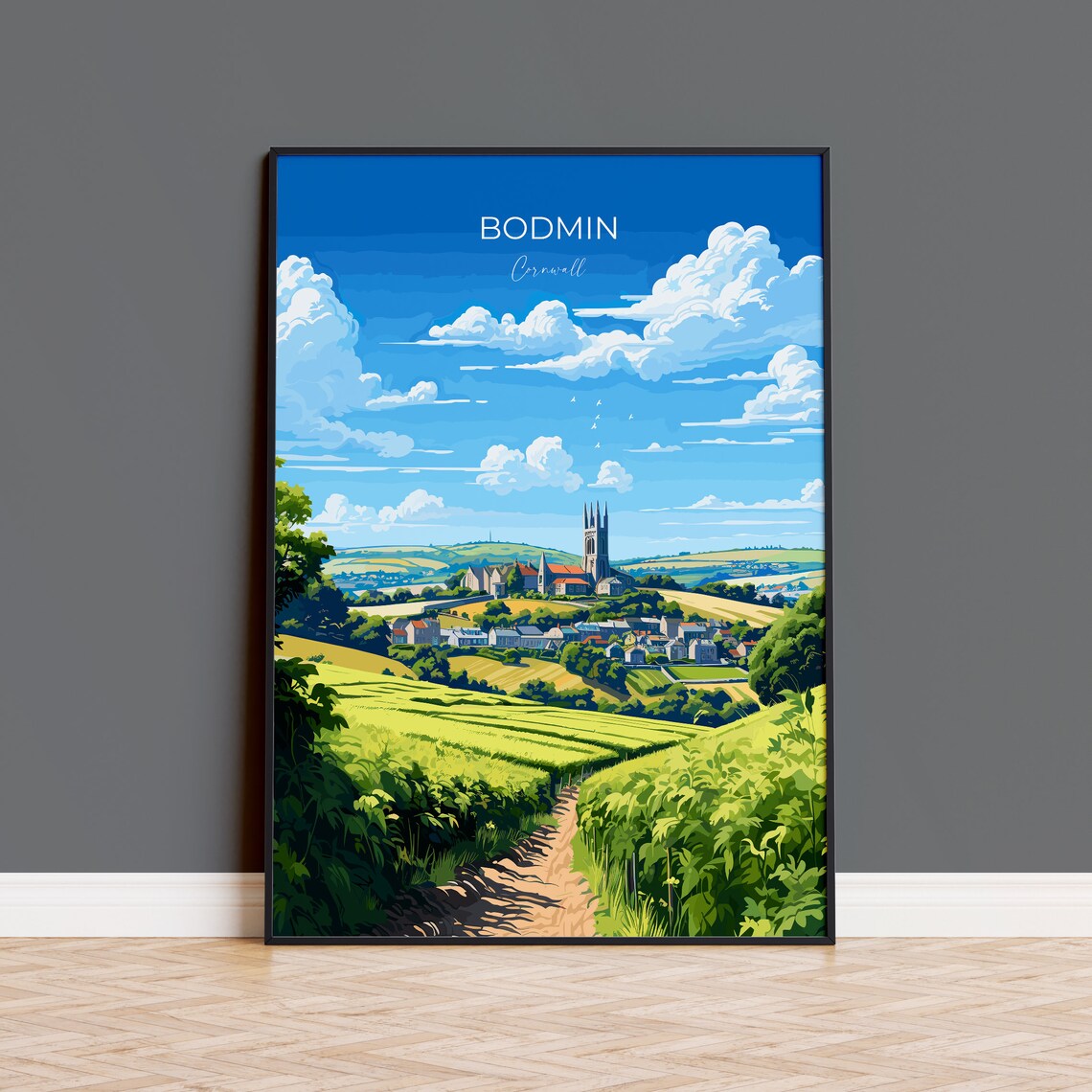 Bodmin Cornwall Village Church Tower Rolling Green Hills Travel Poster
