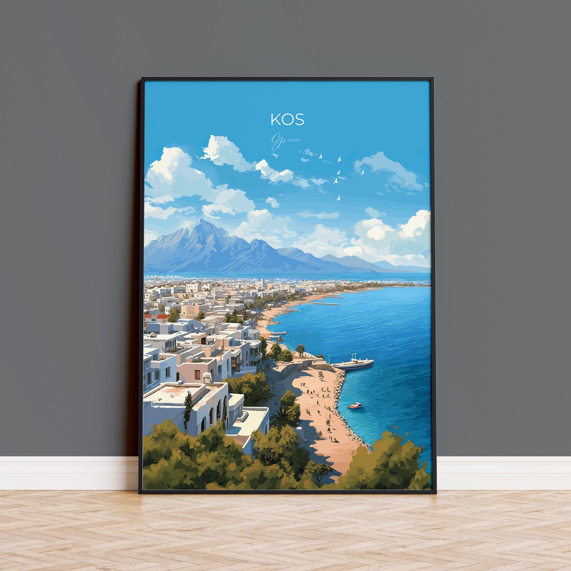 Kos Greece Whitewashed Town Beach Mountain View Travel Poster