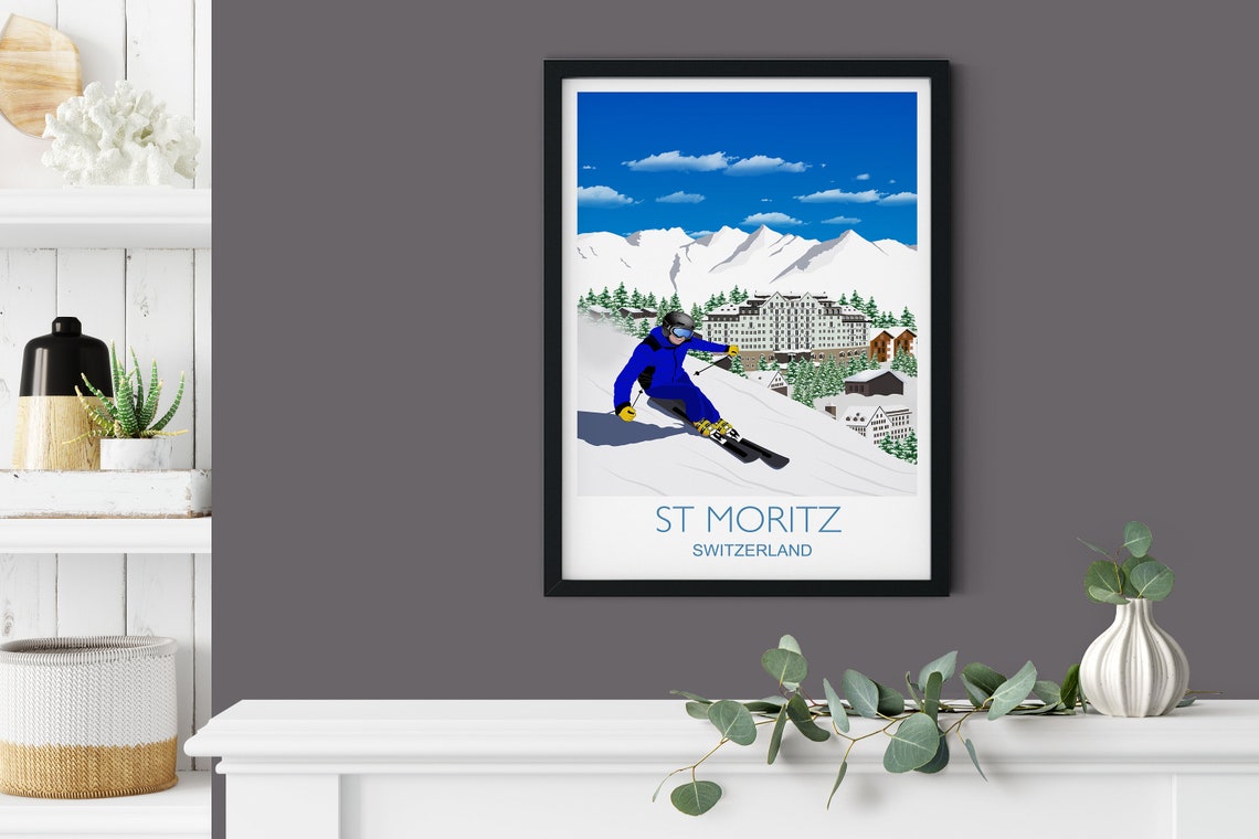 St Moritz Switzerland Blue Ski Run Resort Peaks Travel Poster - Image 3