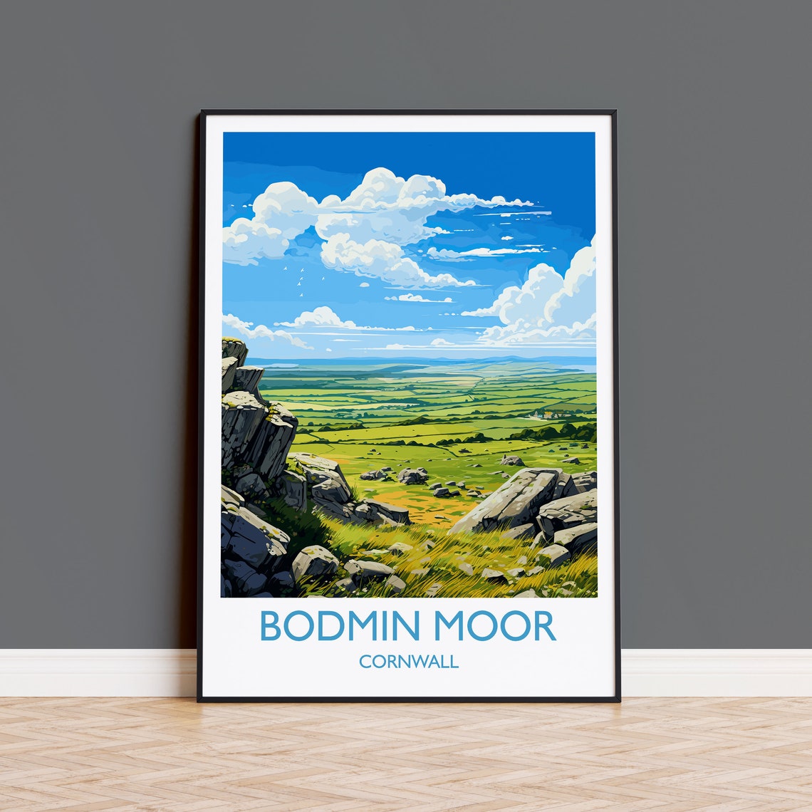 Bodmin Moor Cornwall Rocky Cliffs Green Valley Panoramic Travel Poster