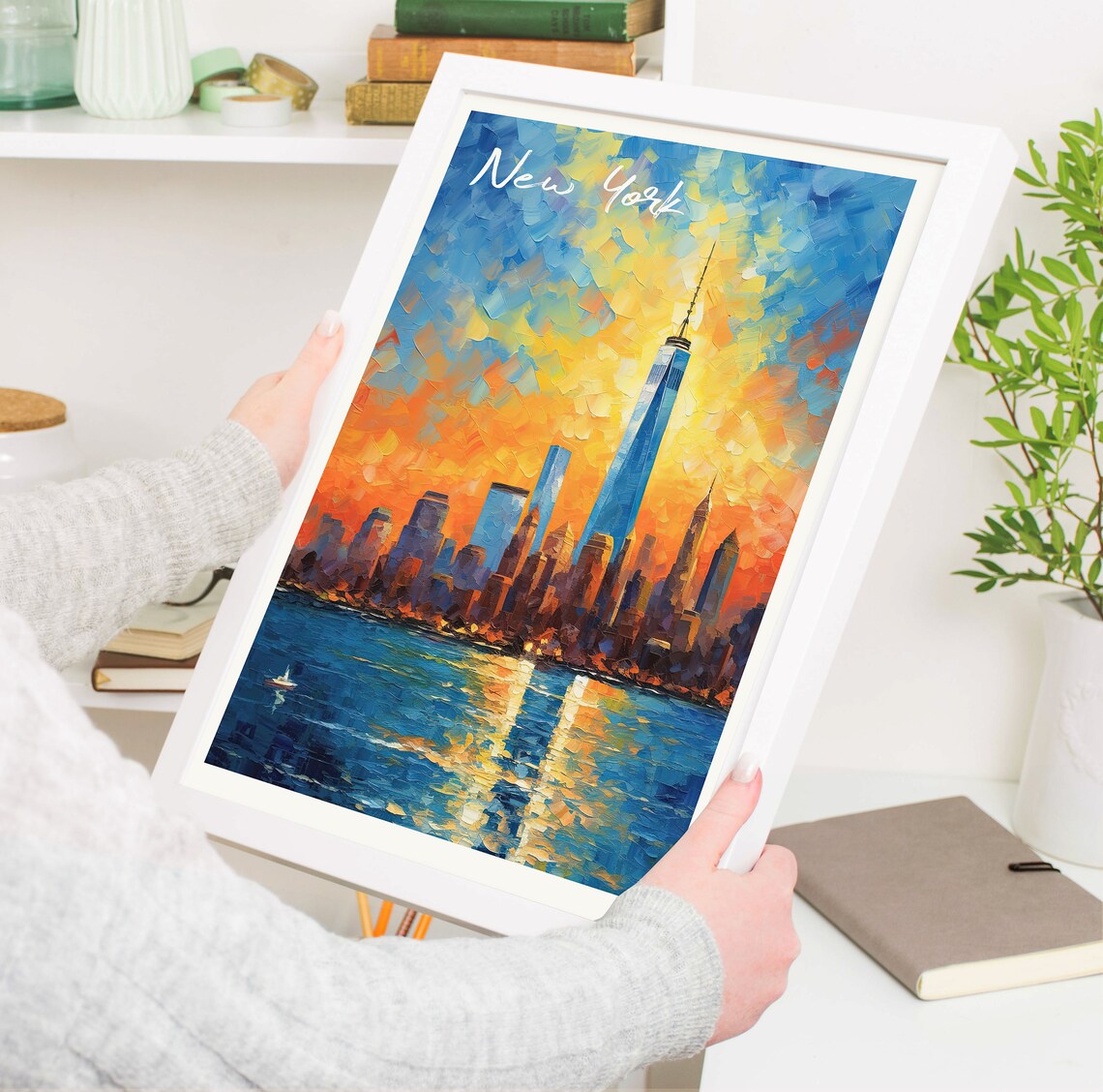New York City Sunset Skyline Abstract Oil Painting Travel Poster - Image 3