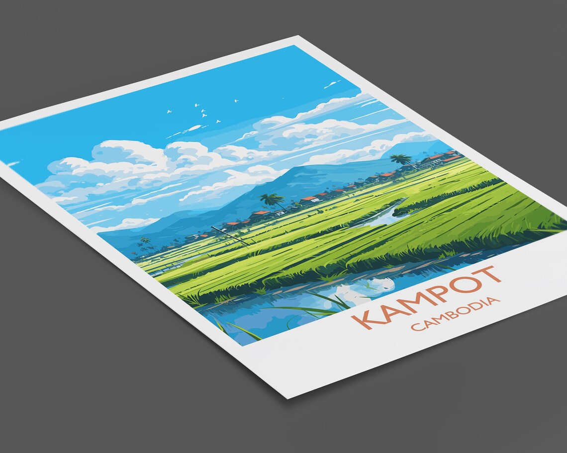 Kampot Cambodia Rice Paddy Fields Mountain Village Travel Poster - Image 2