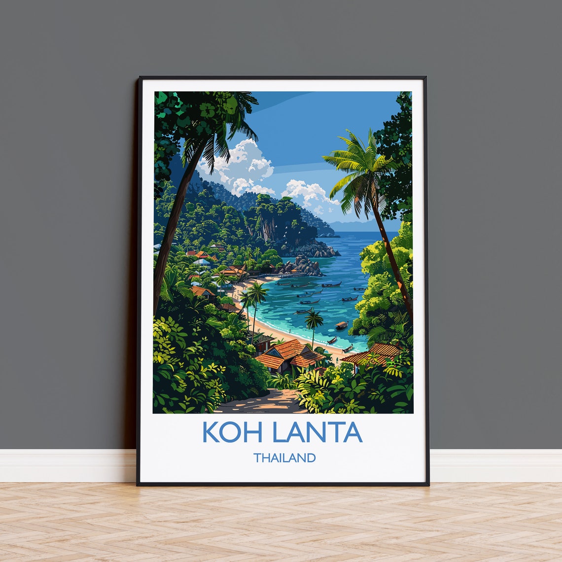 Koh Lanta Thailand Beach Village Palms Longtail Boats Travel Poster