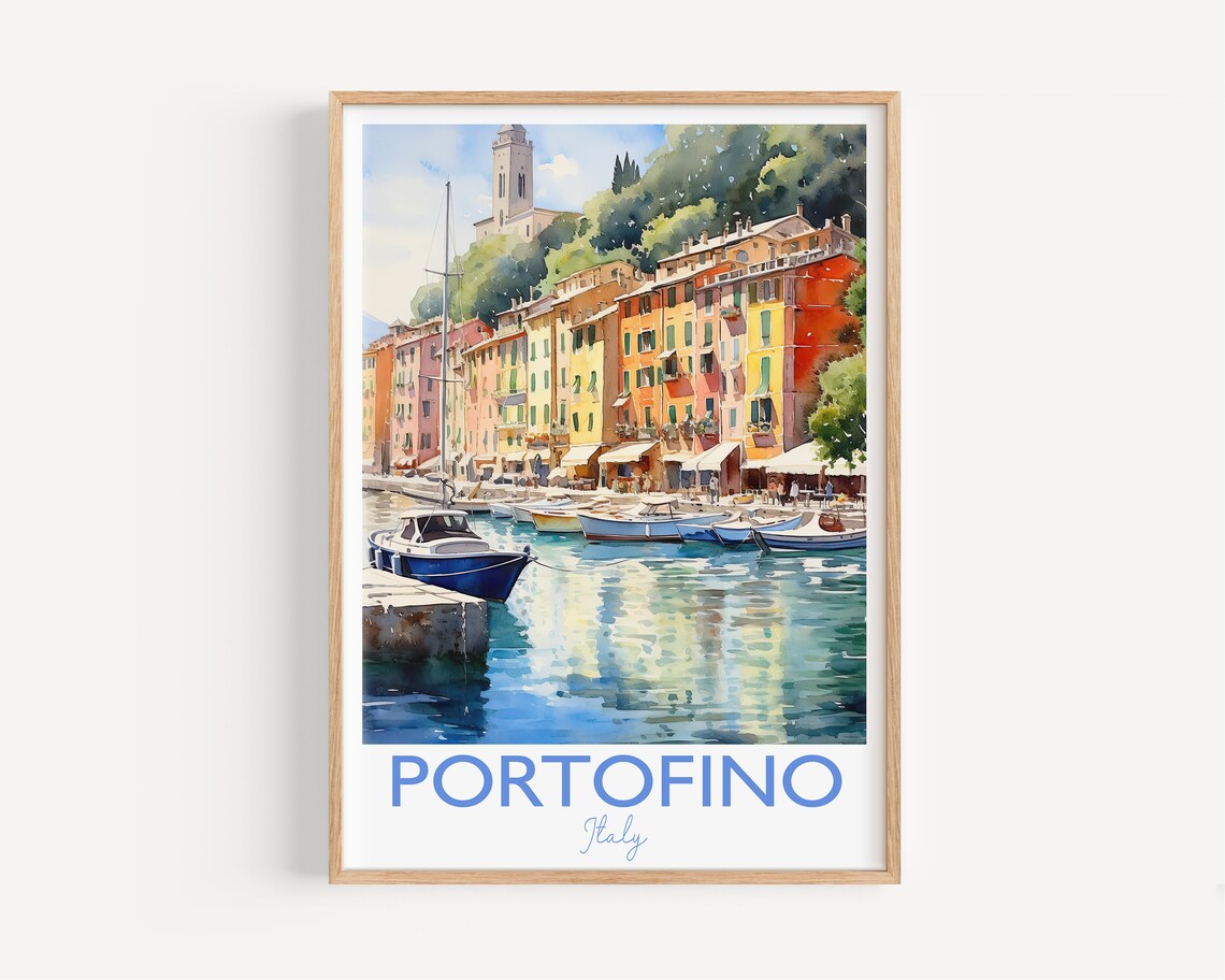 Portofino Italy Pastel Harbor Boats Hillside Watercolor Poster