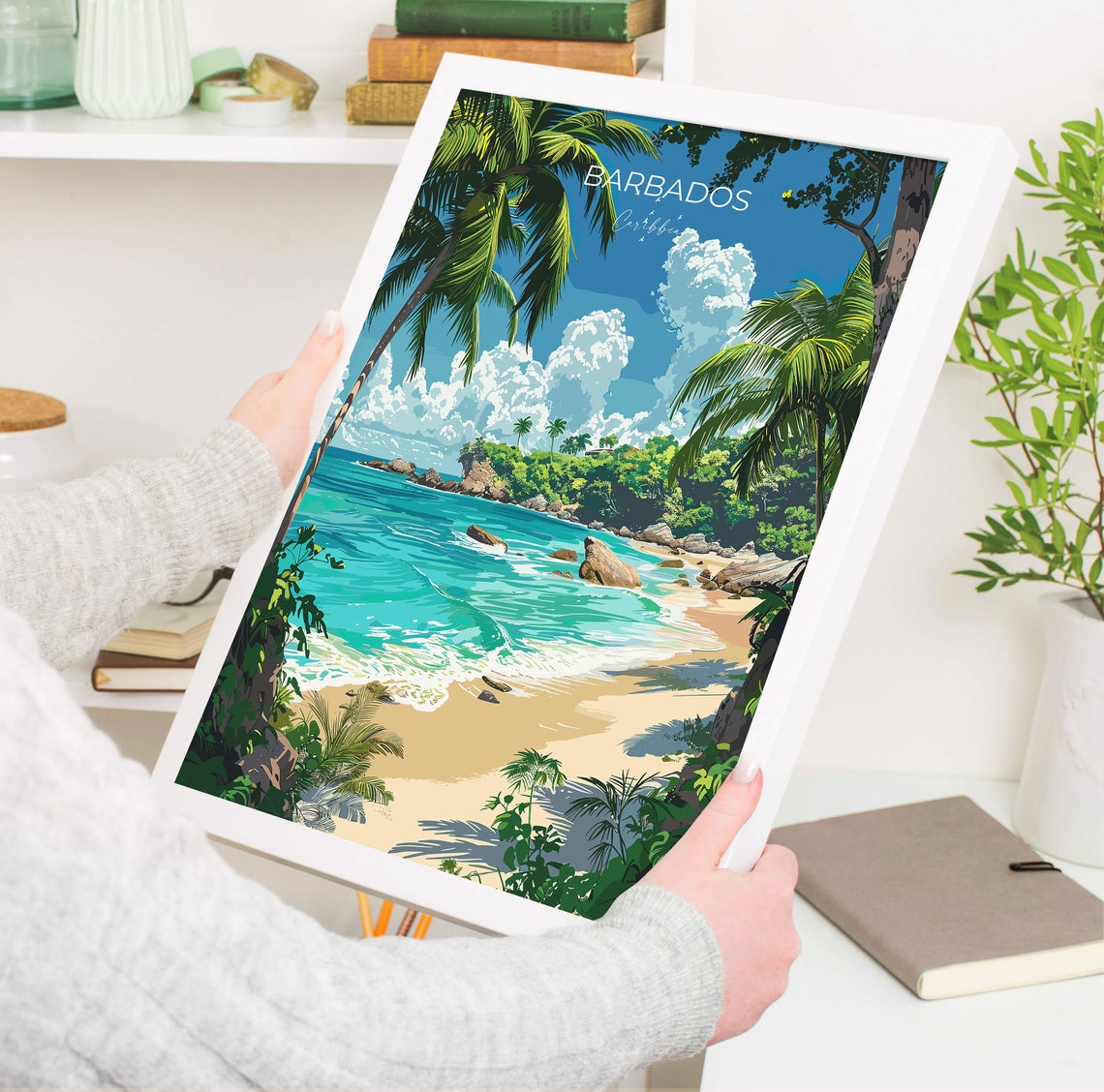 Barbados Caribbean Palm Framed Rocky Beach Waves Travel Poster - Image 3