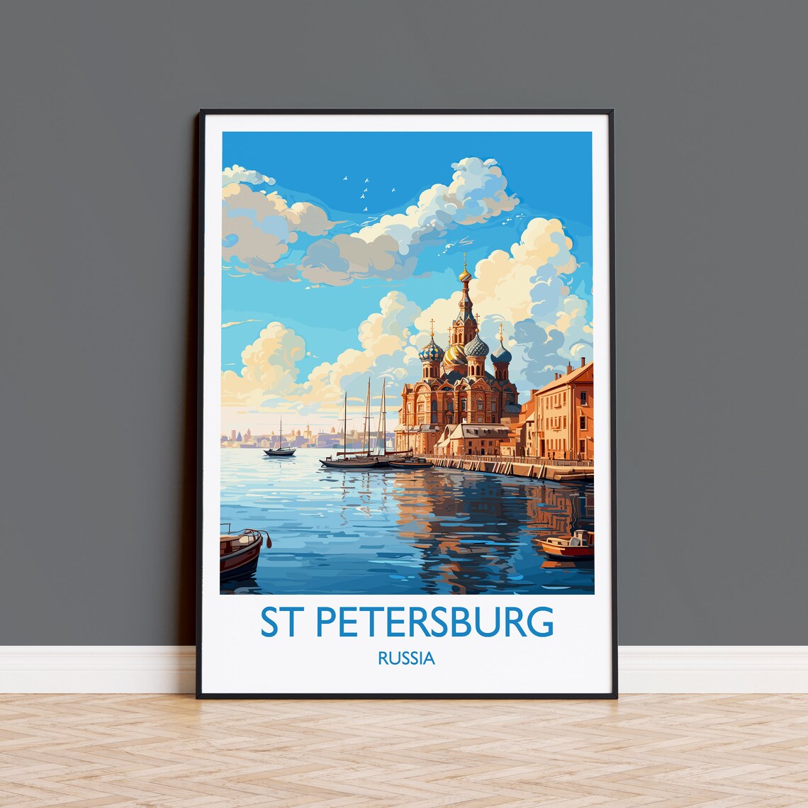 St Petersburg Russia Onion Domes Canal Boats Vintage Travel Poster