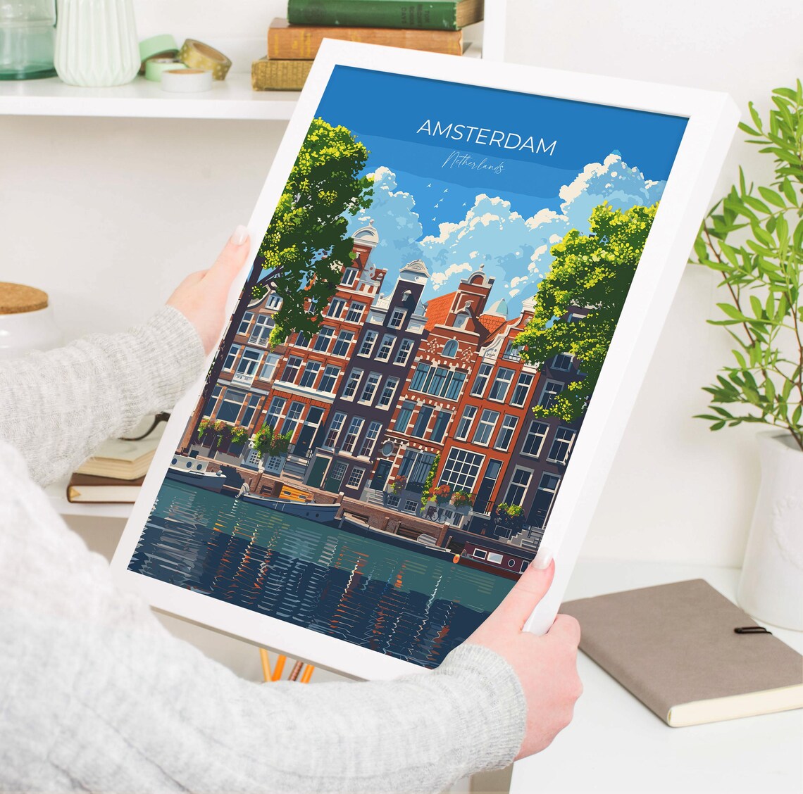 Amsterdam Canal Houses Row Reflected In Water Daytime Travel Poster - Image 3