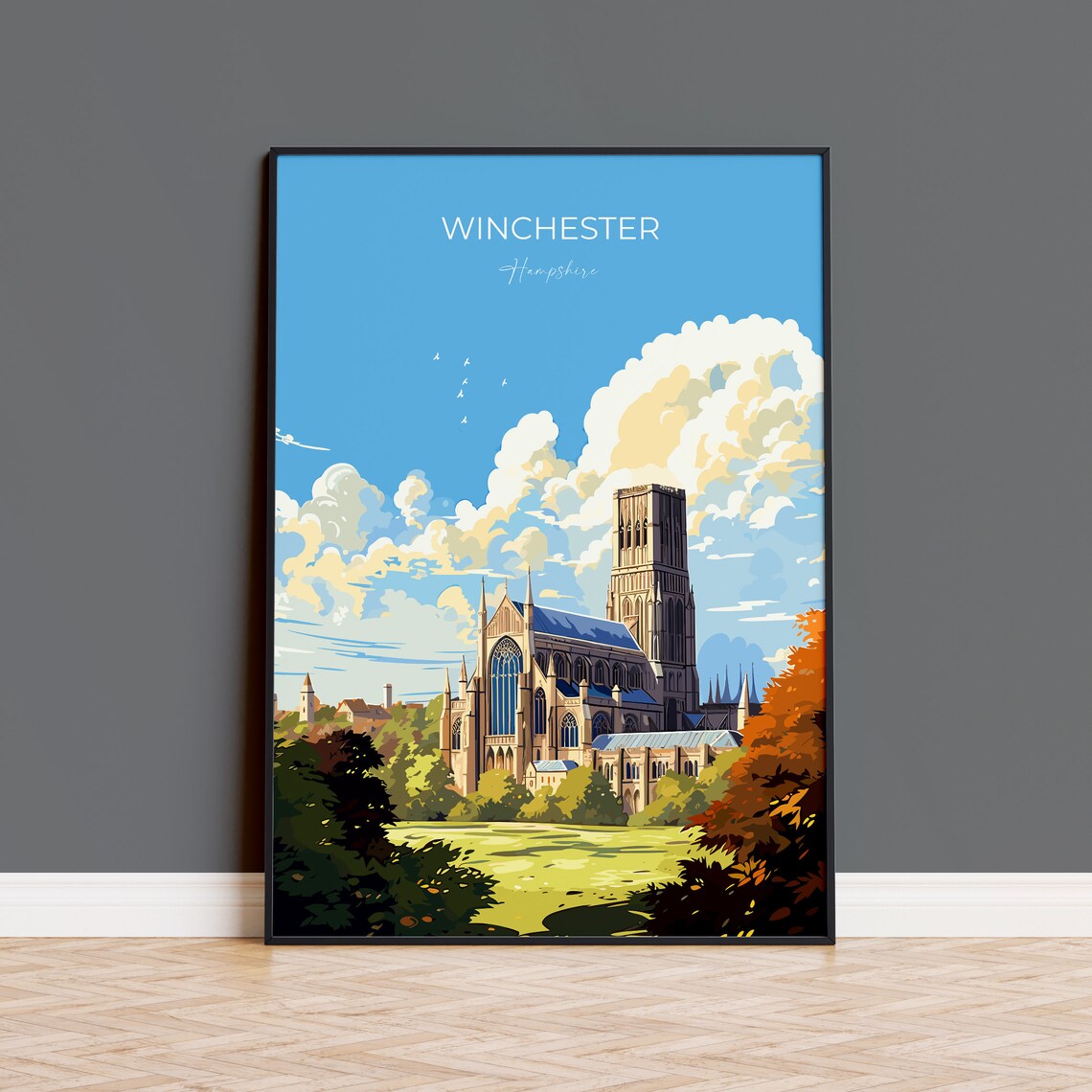Winchester Cathedral Hampshire Autumn Trees Vintage Travel Poster