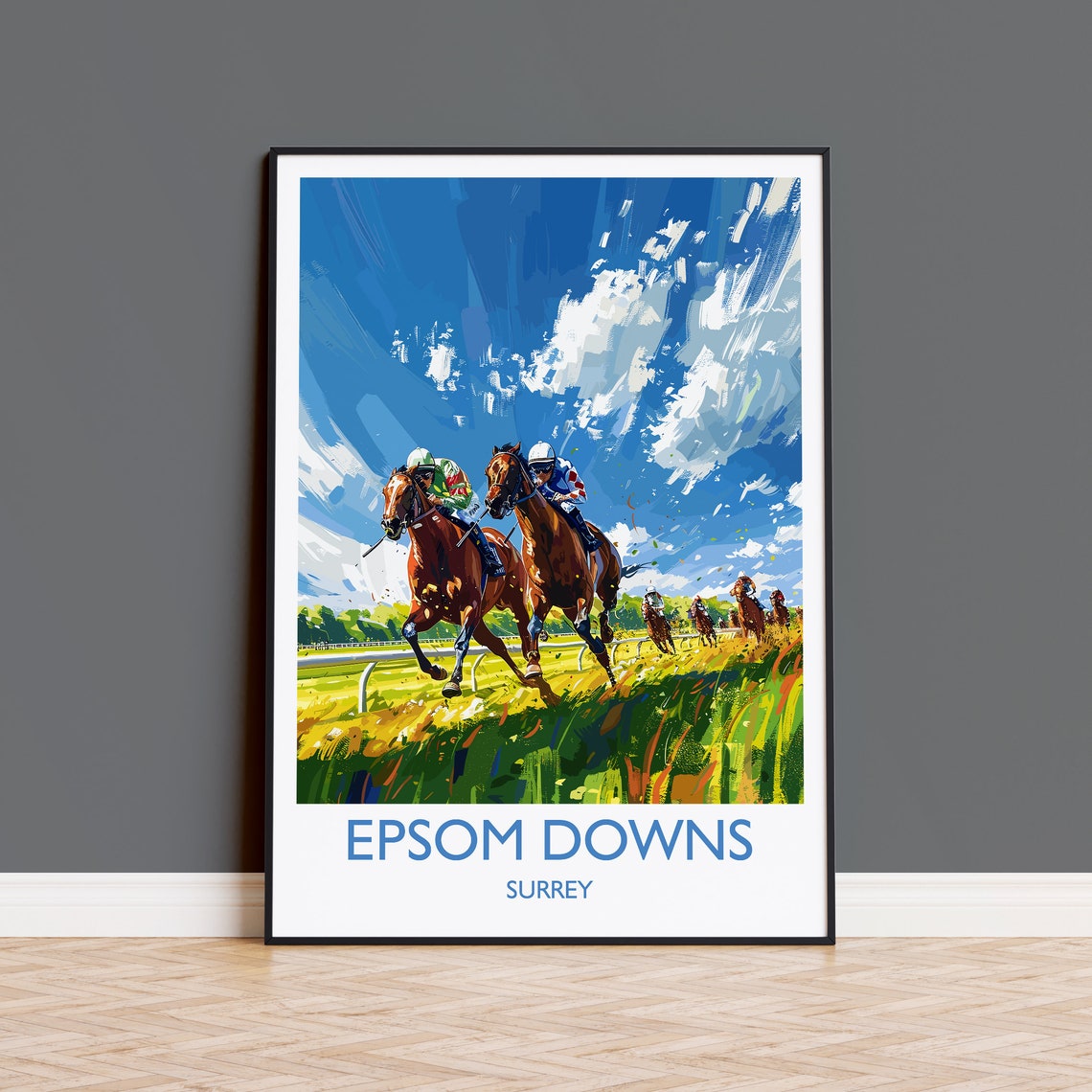 Epsom Downs Surrey Horse Racing Sprint Painted Action Poster