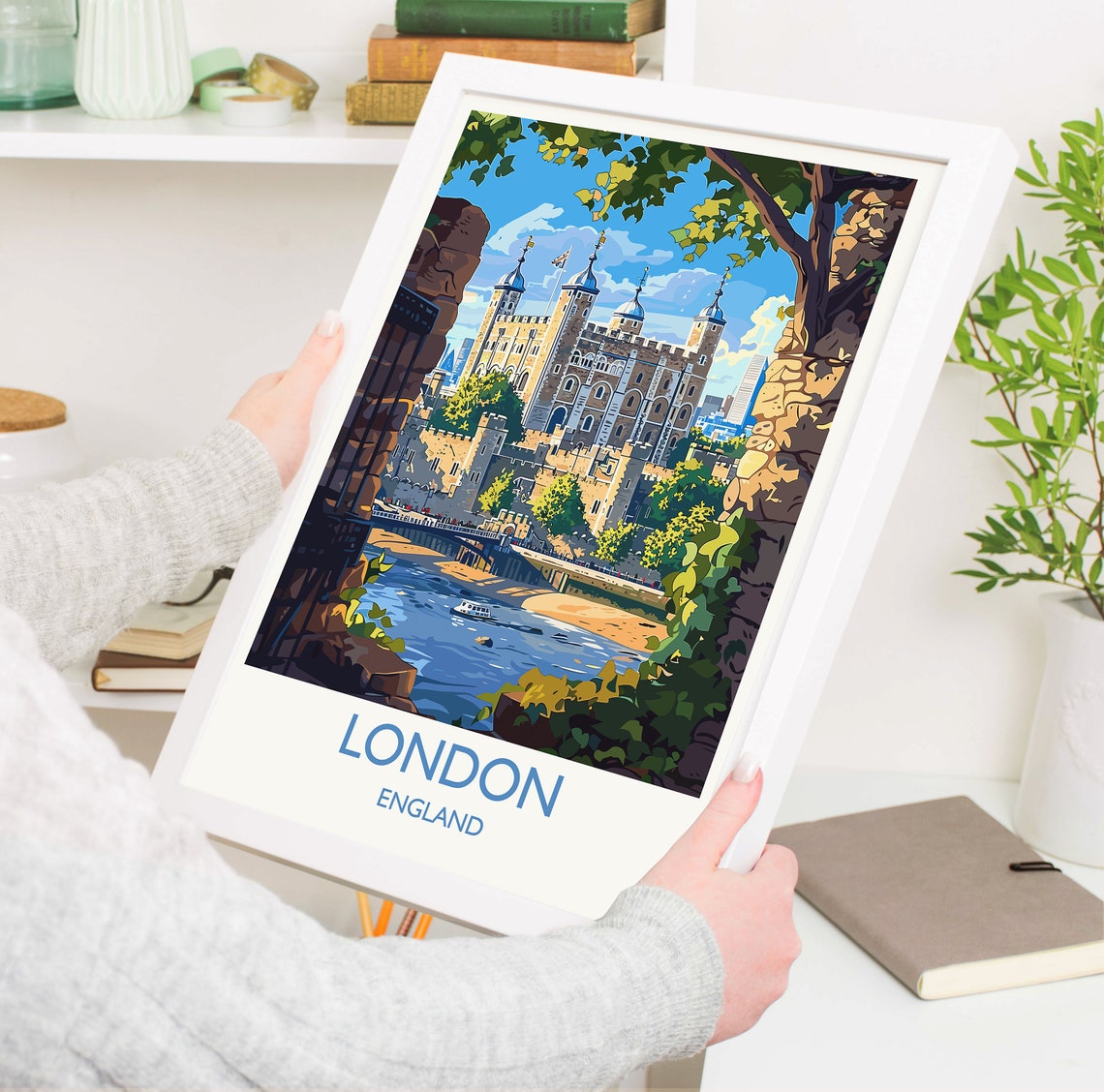 London England Tower Of London Tree Framed River View Travel Print - Image 3