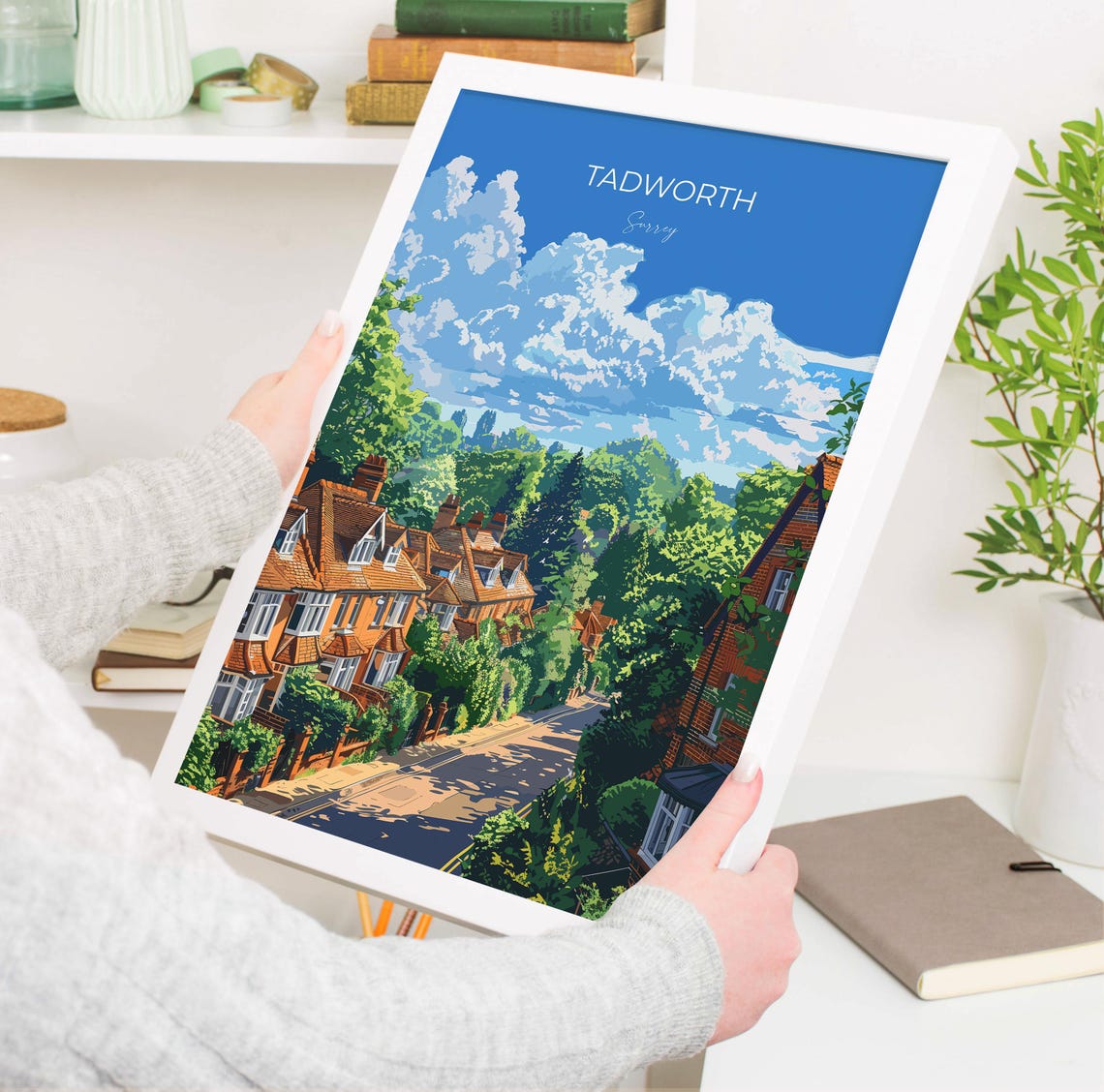 Tadworth Surrey Red Brick Cottages Street Modern Travel Poster - Image 3