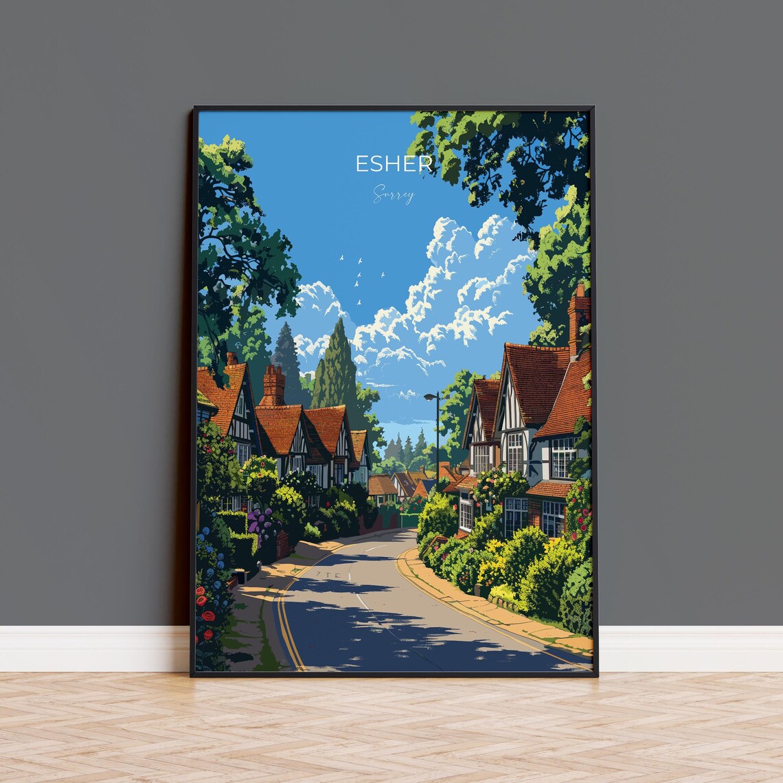 Esher Surrey Tudor Cottages Winding Street Modern Travel Poster