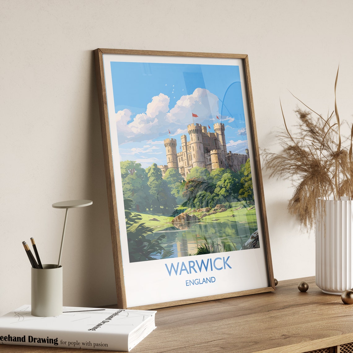 Warwick Castle England Stone Towers Riverside Vintage Travel Poster - Image 3