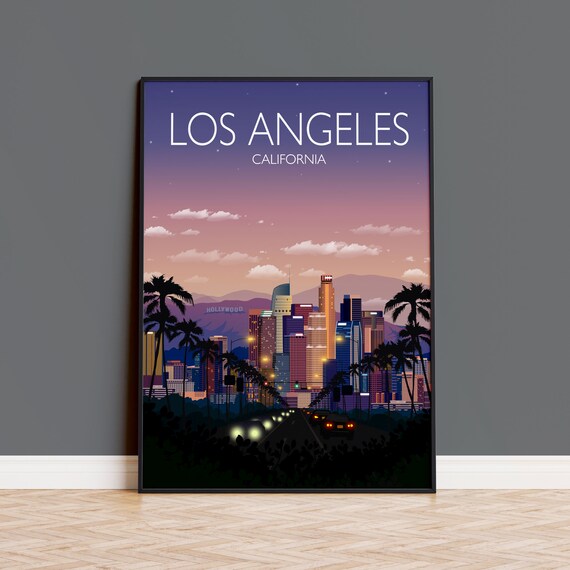 Los Angeles California Downtown Dusk Hollywood Sign Skyline Poster
