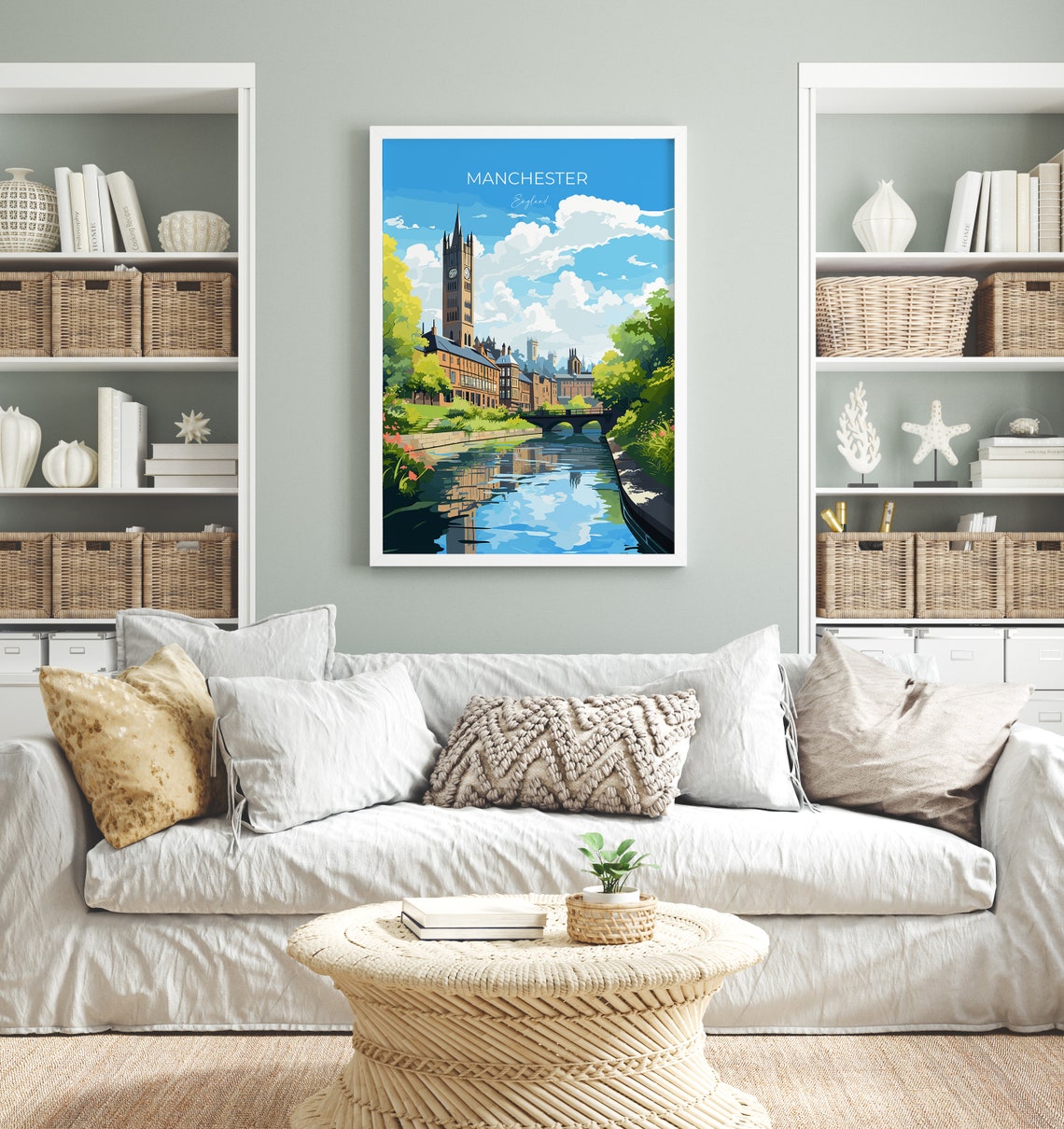 Manchester England Historic Clock Tower Canal Reflection Poster - Image 4